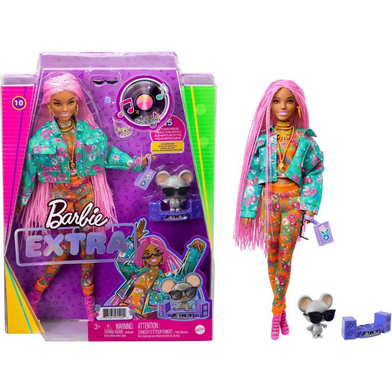 Photo 1 of Barbie Extra Doll 10 in Floral-Print Jacket with Dj Mouse Pet for Kids 3 Years Old and up
