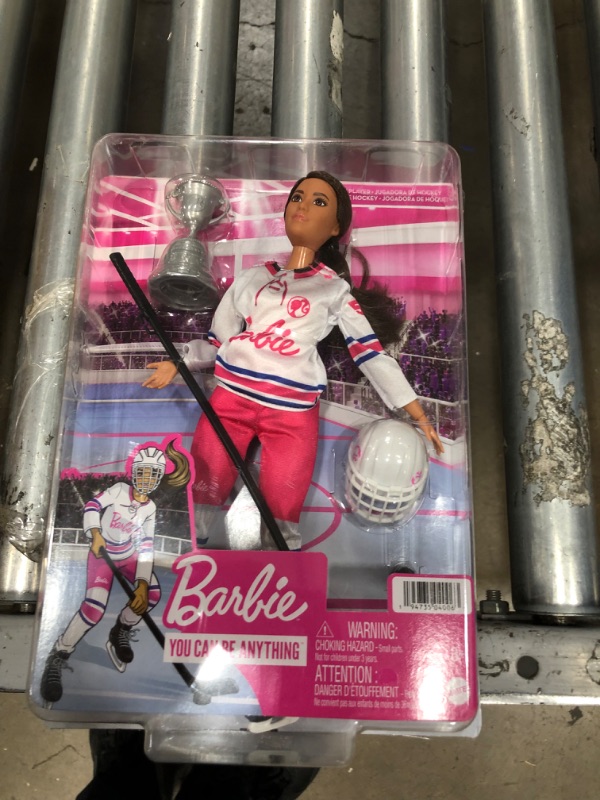 Photo 2 of Barbie Winter Sports Hockey Player Brunette Doll Curvy Shape (12 in) with Jersey Helmet Hockey Stick Puck & Trophy 3 & up
