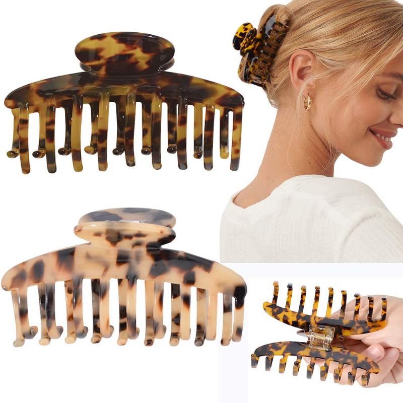 Photo 1 of  Claw Hair Clips  Tortoise Banana Hair Clips for Women Girls Thin Hair French Design Celluloid Leopard Print Strong Hold Hair Clips for Thick Hair , 2 Color Available (2 Packs)