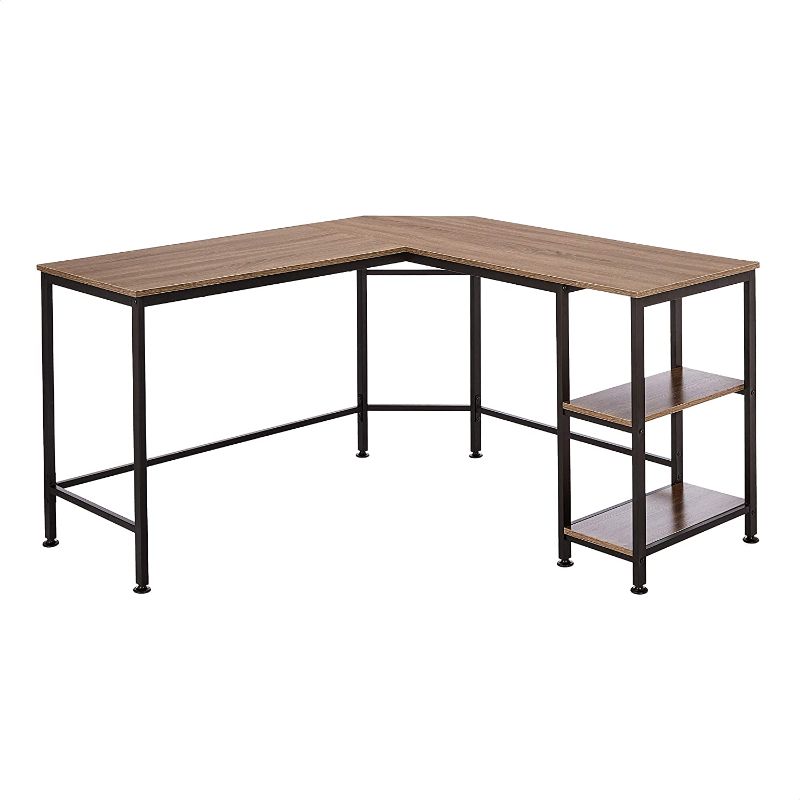 Photo 1 of Amazon Basics L-Shape Computer Desk with Shelves for Storage, 54.3 Inch, Espresso with Black Frame
