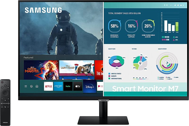 Photo 1 of SAMSUNG 32" M7 Smart Monitor&Streaming TV, 4K UHD, Adaptive Picture, Ultrawide Gaming View, Watch Netflix, HBO, PrimeVideo, AppleAirplay, Alexa,BuiltIn Speakers, Remote,HDMI,USB-C,LS32AM702UNXZA,Black
