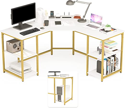 Photo 1 of Elephance Large L-Shaped Computer Desk with Shelves, Modern Home Office Corner Desk, Writing Workstation, Gaming Desk with Storage(White MARBLE and Gold Frame)
