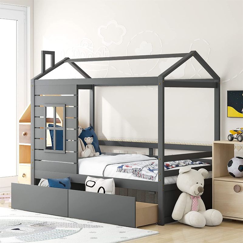 Photo 1 of **INCOMPLETE BOX 2 OF 2 ONLY**Twin House Bed for Kids, Twin Daybed with Drawers and Roof, Twin Size House Bed Frame with Storage and Fence for Kids, Teens, Girls & Boys, Easy Assembly (Gray)
