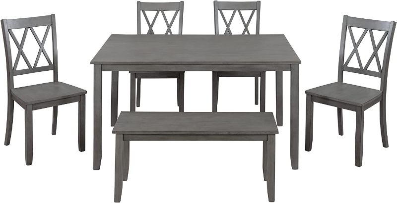 Photo 1 of **MISSING BOX**Merax 6-Piece Dining Set, Kitchen Table Set with Bench and 4 Cross Back Dining Chairs, Dining Room Table and Chairs with Bench (Antique Grey)
