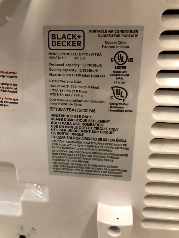 Photo 4 of BLACK+DECKER BPT05WTBA Portable Air Conditioner 5 000 BTU SACC/CEC (8 500 BTU ASHRAE) White
