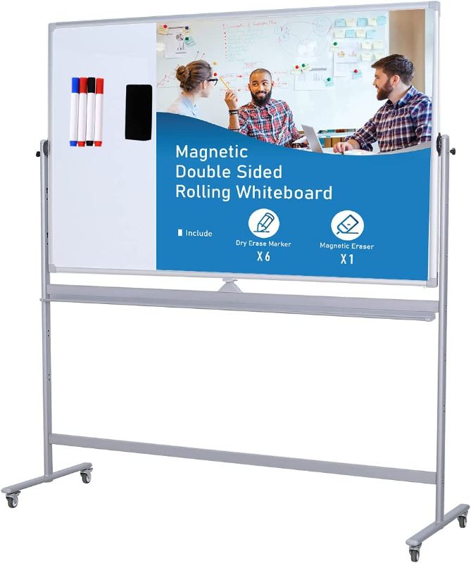 Photo 1 of USED: DexBoard Large Magnetic Mobile Standing Whiteboard 72x40 Height Adjust 360° Rolling Double Sided Dry Erase Board on Wheels, Perfect for School, Classroom, Conference and Presentation
