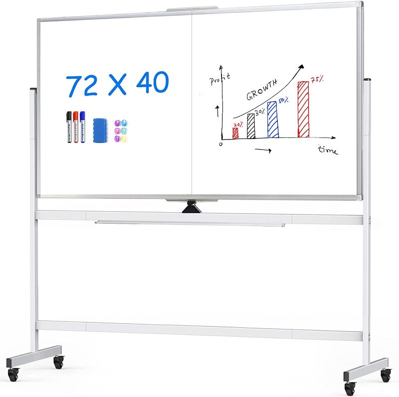 Photo 1 of USED: 72 x 40 Double Sided Rolling Whiteboard, Mobile Whiteboard Magnetic White Board - Large Reversible Dry Erase Board Easel Standing Board on Wheels with Silver Aluminum Frame and Stand
