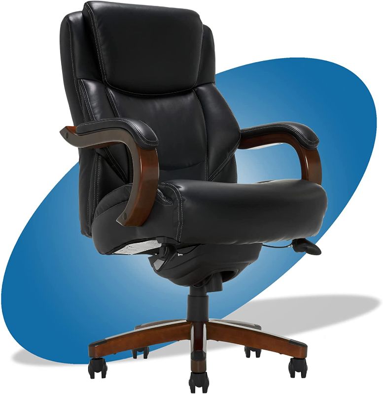 Photo 1 of La-Z-Boy Delano Big & Tall Executive Office Chair | High Back Ergonomic Lumbar Support, Bonded Leather, Black with Mahogany Wood Finish | 45833A 30.25"D x 28"W x 48"H

