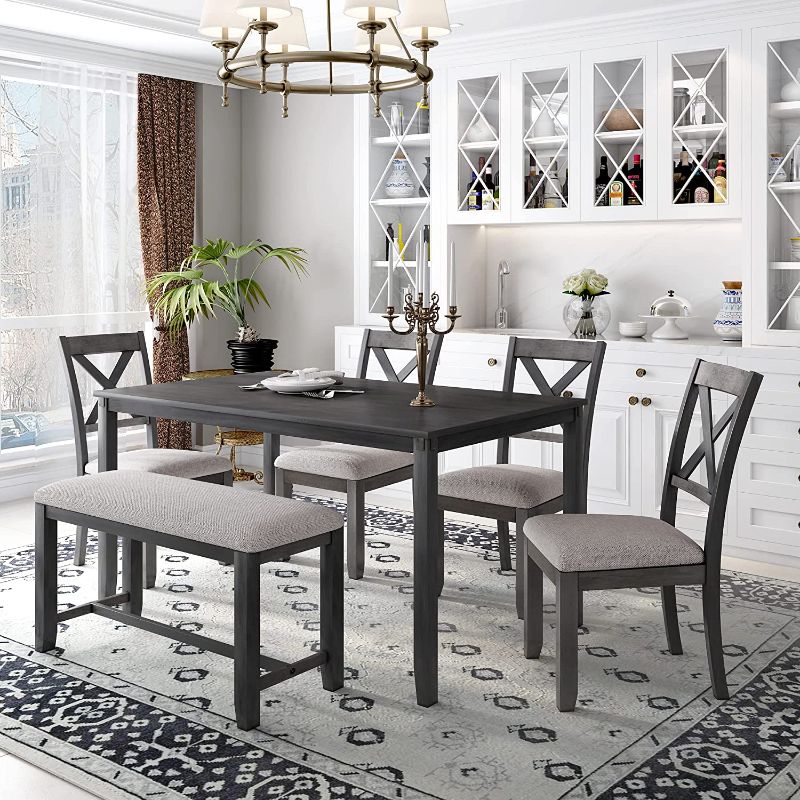 Photo 1 of *INCOMPLETE* Merax 6-Piece Wooden Dining Rectangular Table Set with 4 Chairs and Bench, Kitchen Family Furniture, Grey_Beige- CHAIRS & BENCH ONLY 
