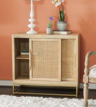 Photo 1 of **Broken Inner Frame** Janie Rattan Sliding Doors Cabinet with Shelves, Natural and Gold 
