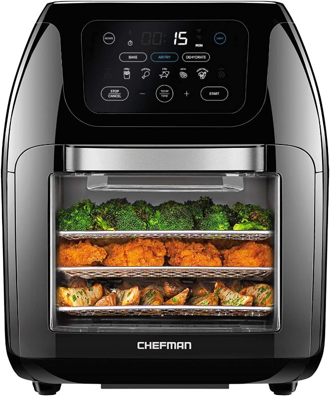 Photo 1 of Chefman Multifunctional Digital Air Fryer+ Rotisserie, Dehydrator, Convection Oven, 17 Touch Screen Presets Fry, Roast, Dehydrate & Bake, Auto Shutoff, Accessories Included, XL 10L Family Size, Black
