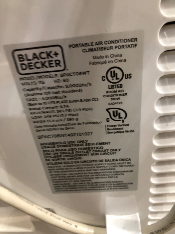 Photo 3 of Black & Decker 8,000 BTU/4,000 BTU (DOE) Portable Air Conditioner with Remote Control, White
