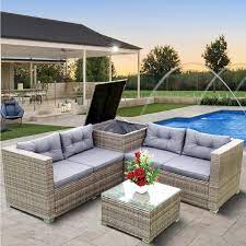 Photo 1 of ***INCOMPLETE/ BOX 2/2 ONLY*** 4-Piece Patio Sectional Wicker Rattan Outdoor Furniture Sofa Set with Grey Cushions and Storage Box (Dark Green)
