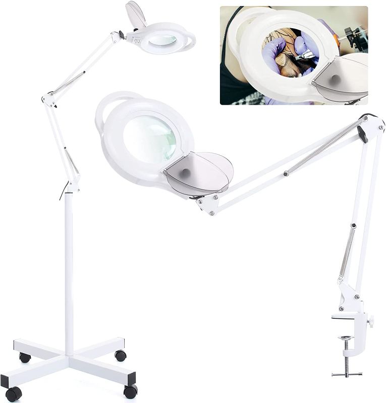 Photo 1 of 5X Magnifying Floor Lamp with 4 Wheel, NUEYiO 2200 Lumen Super Bright Stepless Dimming Magnifying Lamp, Real Glass Lens & Adjustable Swing Arm Magnifying Glass with Light for Esthetician Craft Read
