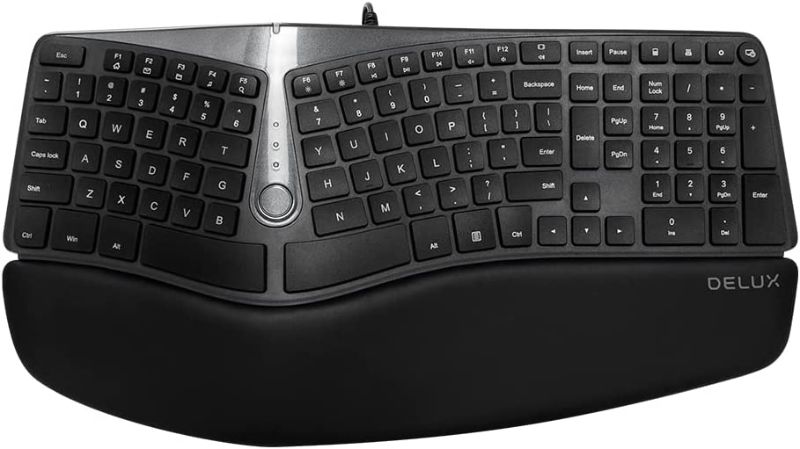 Photo 1 of Wired Ergonomic Split Keyboard with Wrist Rest, DELUX [Standard Ergo] Keyboard Series with 2 USB Passthrough, Natural Typing Reducing Hand Pressure, 107 Keys for Windows and Mac OS (GM901U-Black)
