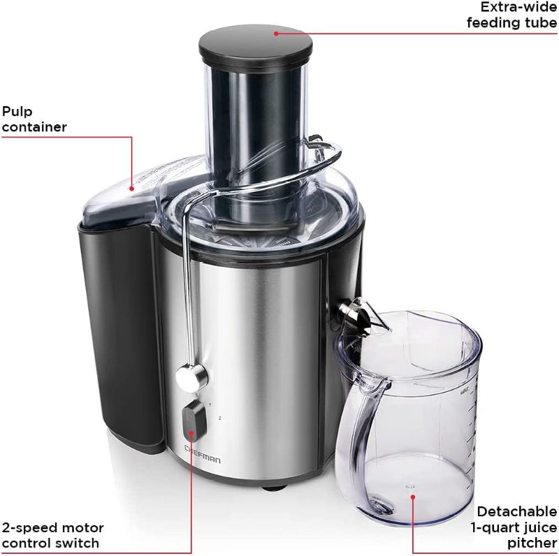 Photo 1 of Chefman 2-Speed Electric Juicer, Extra-Wide Feeding Tube For Whole Fruits, Make Nutritious Vegetable And Green Juice, Detachable 1-Quart Pitcher, Built-In Foam Separator, Dishwasher-Safe Parts
