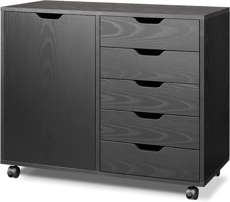 Photo 1 of DEVAISE 5-Drawer Wood Dresser Chest with Door, Mobile Storage Cabinet, Printer Stand for Home Office, Black
