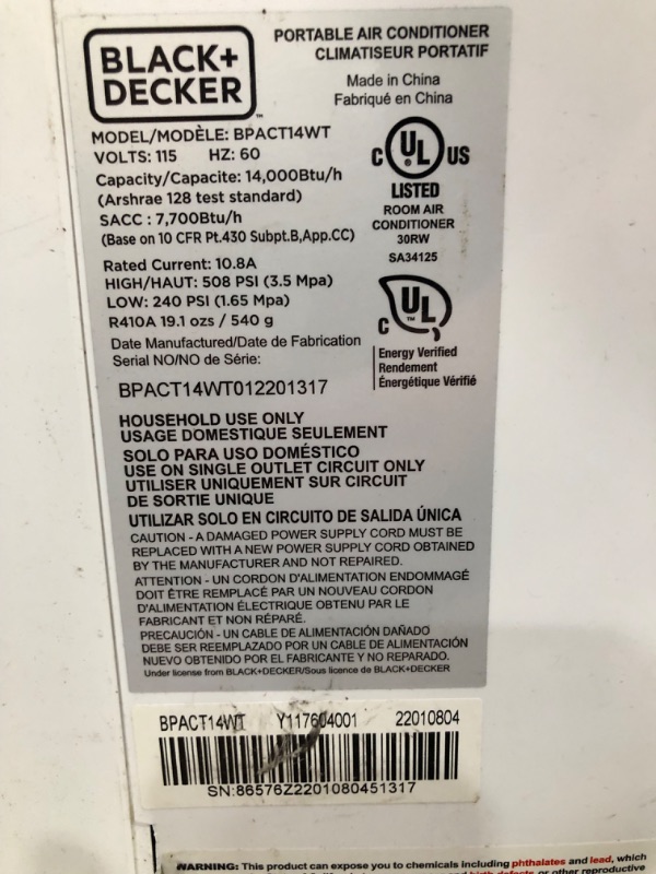 Photo 8 of ***PARTS ONLY*** BLACK+DECKER 8,000 BTU DOE (14,000 BTU ASHRAE) Portable Air Conditioner with Remote Control, White (USED. TESTED AND WORKS BUT DOESNT BLOW COLD. PLASTIC CRACKED IN A COUPLE SPOTS)