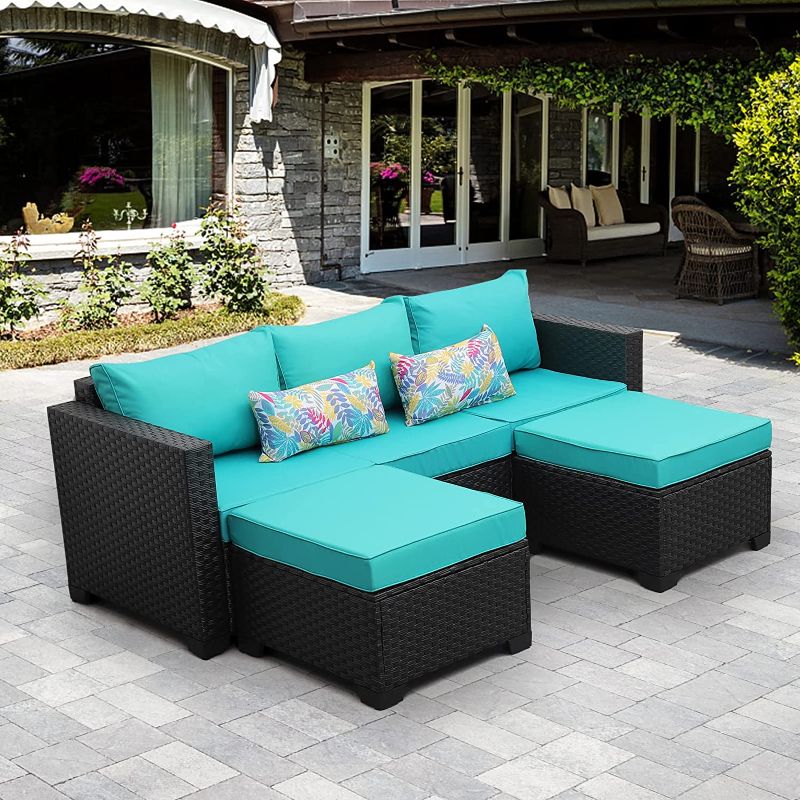 Photo 1 of **MISSING BOX**Outdoor Wicker Sofa Set 3 Pieces Patio Rattan Garden Conversation Couch Furniture with Turquoise Anti-Slip Cushions Furniture Covers
