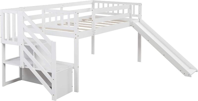 Photo 1 of **MISSING BOX** SOFTSEA Junior's Low Loft Bed with Slide Twin Loft Bed with Stairs and Storage Space for Bedroom (White)
