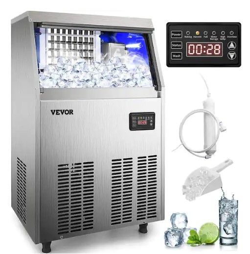 Photo 1 of VEVOR 88 lb. Freestanding Commercial Ice Maker in Silver Stainless Steel with 33 lb. Ice Bin with LED Panel, 110-Volt