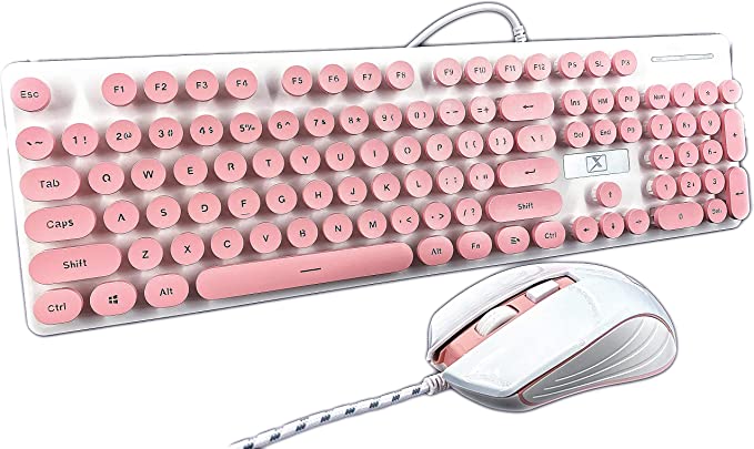 Photo 1 of CORN Technology N518 26 Non-conflicting Keys, Ergonomic Design, Retro Punk Exterior USB Wired Ice Blue Backlit Keyboard and 1600DPI Mouse Combo for Office and Game (Pink)
