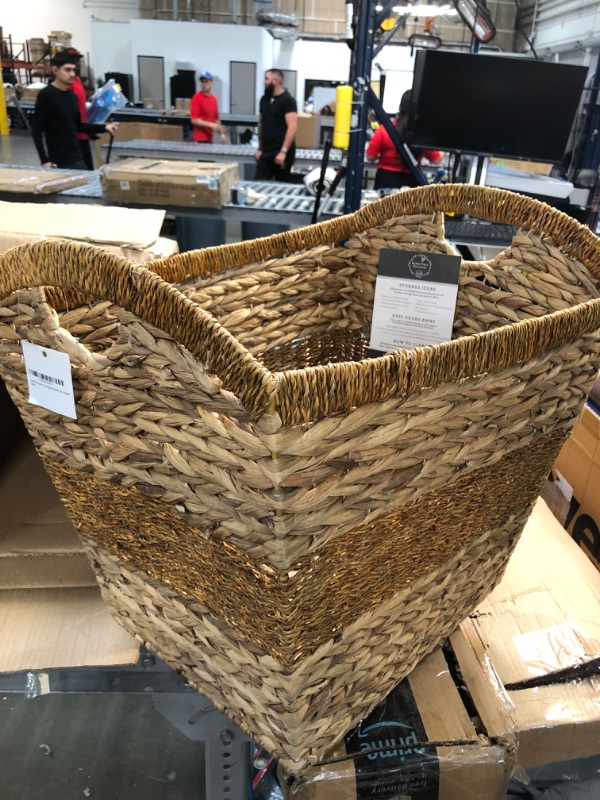 Photo 2 of Deep Wicker Baskets for Storage Organization -18.5x13.5x14.5"- Towel Basket – Extra Large Wicker Basket with Handle. Dual-Tone Decorative Woven Baskets, Seagrass Water Hyacinth Basket
