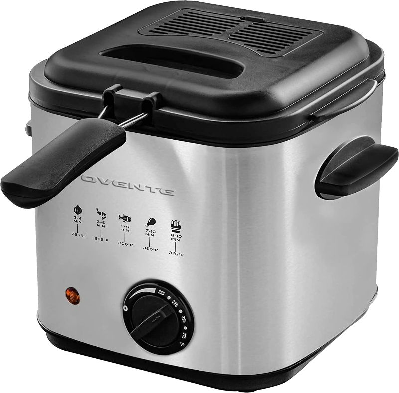 Photo 1 of Ovente Electric Deep Fryer 1.5 Liter, 800W Power with Removable Basket & Cool-Touch Handle, Odor Filter Lid, Compact and Easy to Store Fryer, Silver FDM1501BR
