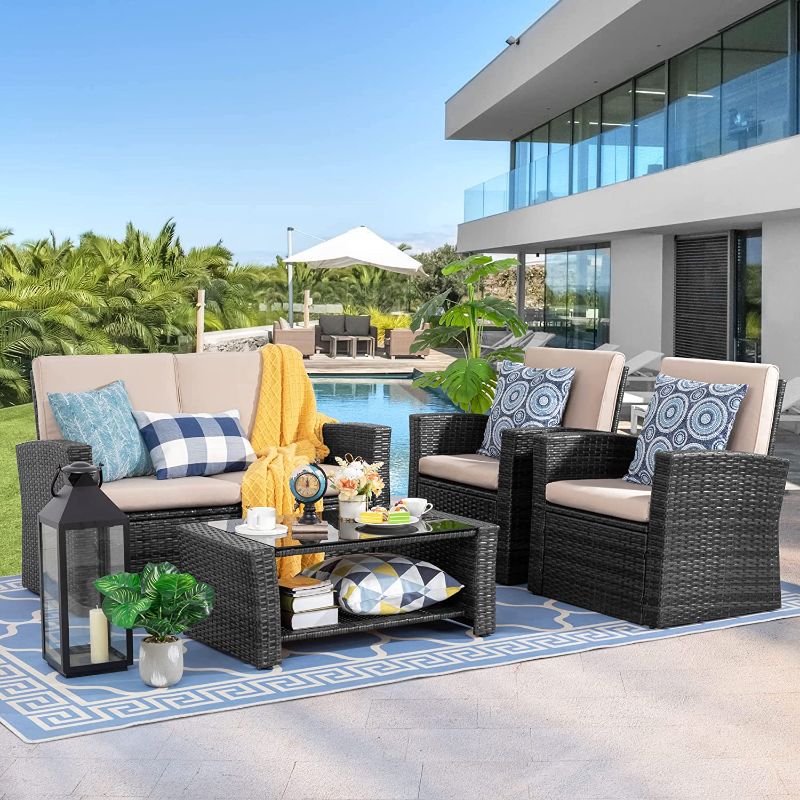 Photo 1 of **INCOMPLETE MISSING BOX 2 OF 2 !! Shintenchi 4-Piece Outdoor Patio Furniture Set, Wicker Rattan Sectional Sofa Couch with Glass Coffee Table | Black
