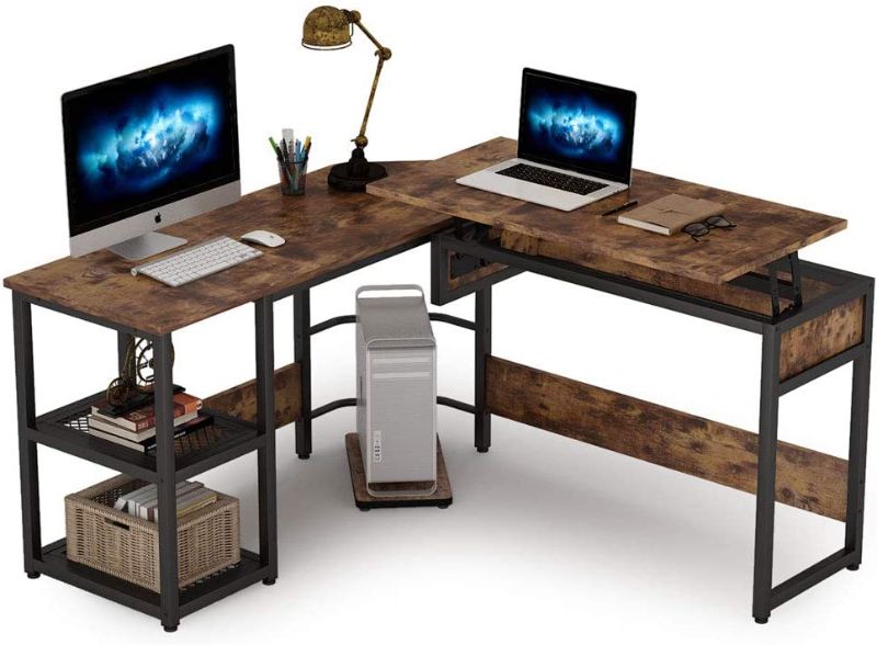 Photo 1 of Tribesigns L Shaped Desk with Lift Top, Modern Sit to Stand Corner Computer Desk with Storage Shelves, Rustic Height Adjustable Standing Desk Workstation for Home Office (Rustic Brown)
