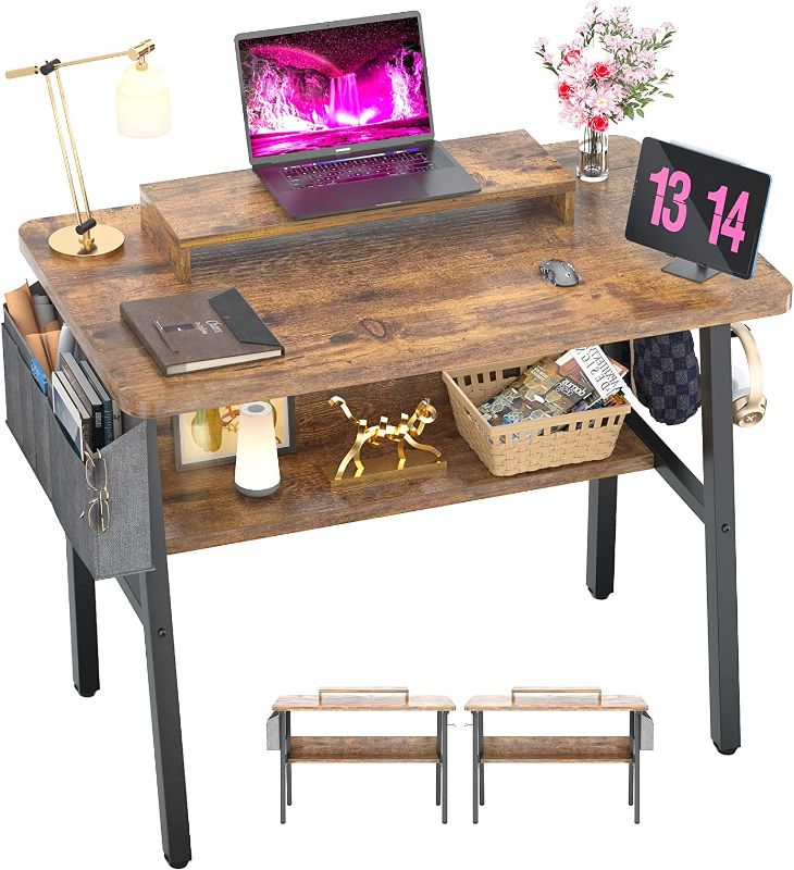Photo 1 of Armocity Computer Desk, Desk with Monitor Stand Shelf, 32 Inch Laptop Table with Bookshelves, Study Writing Desk with Storage Bag and Hooks, Small Desk for Small Space, Home, Office, GRAY
