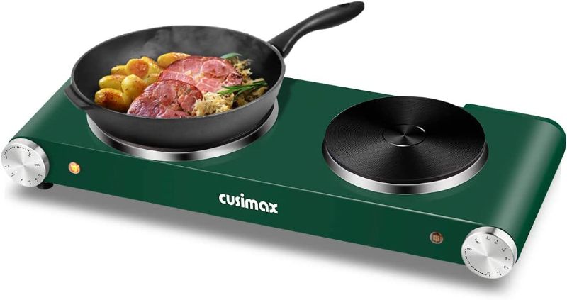 Photo 1 of *COLOR IS RED* CUSIMAX 1800W Hot Plate, Cast Iron Double Burner, Electric Cooktop, Hot Plate Cooking Portable Electric Double hot plate, Stainless Steel Countertop Burner, Easy to Clean, Green

