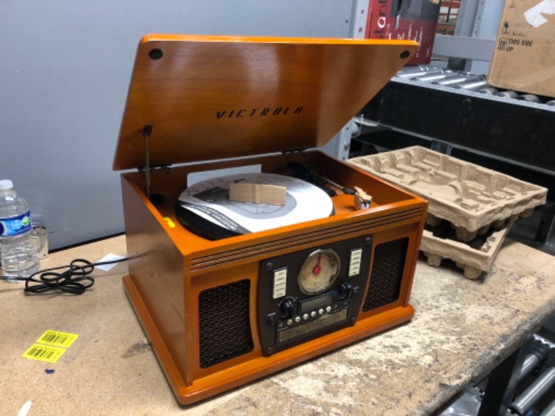 Photo 2 of NOT FUNCTIONAL: DOES NOT POWER***Victrola 8-in-1 Bluetooth Record Player & Multimedia Center, Built-in Stereo Speakers - Turntable, Wireless Music Streaming, Real Wood | Oak Oak Entertainment Center