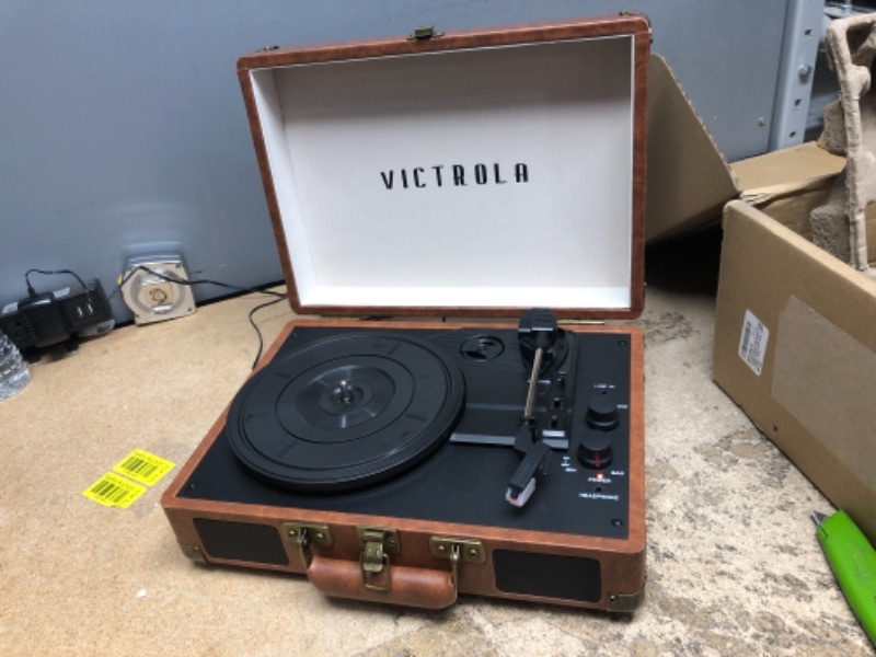 Photo 2 of Victrola Vintage 3-Speed Bluetooth Portable Suitcase Record Player with Built-in Speakers | Upgraded Turntable Audio Sound| Includes Extra Stylus | Brown