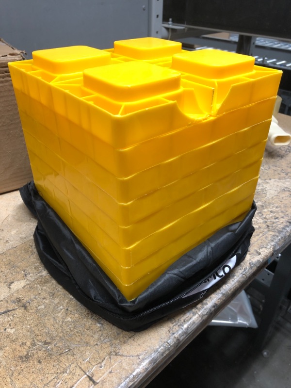 Photo 2 of Camco Heavy-Duty Leveling Blocks | Compatible with Single Wheels, Double Wheels, Hydraulic Jacks, Tongue Jacks and More | Yellow | 10-pack (44510) Leveling Blocks - 10 Pack Frustration Free Packaging