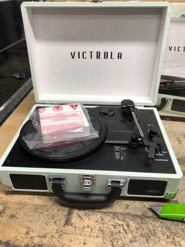 Photo 2 of Victrola Vintage 3-Speed Bluetooth Portable Suitcase Record Player with Built-in Speakers | Upgraded Turntable Audio Sound| Includes Extra Stylus | Mint (VSC-550BT-HOM) Hint of Mint Record Player