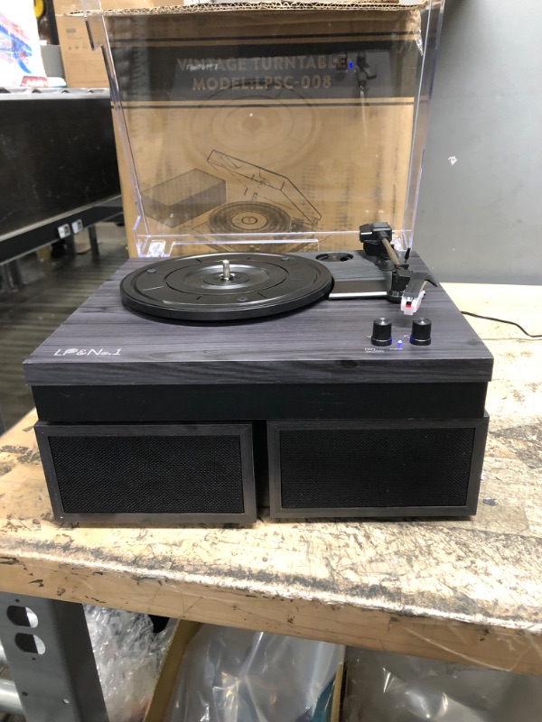 Photo 1 of LP&No.1 Bluetooth Vinyl Record Player with External Speakers, 3-Speed Belt-Drive Turntable for Vinyl Albums with Auto Off and Bluetooth Input Grey Wood