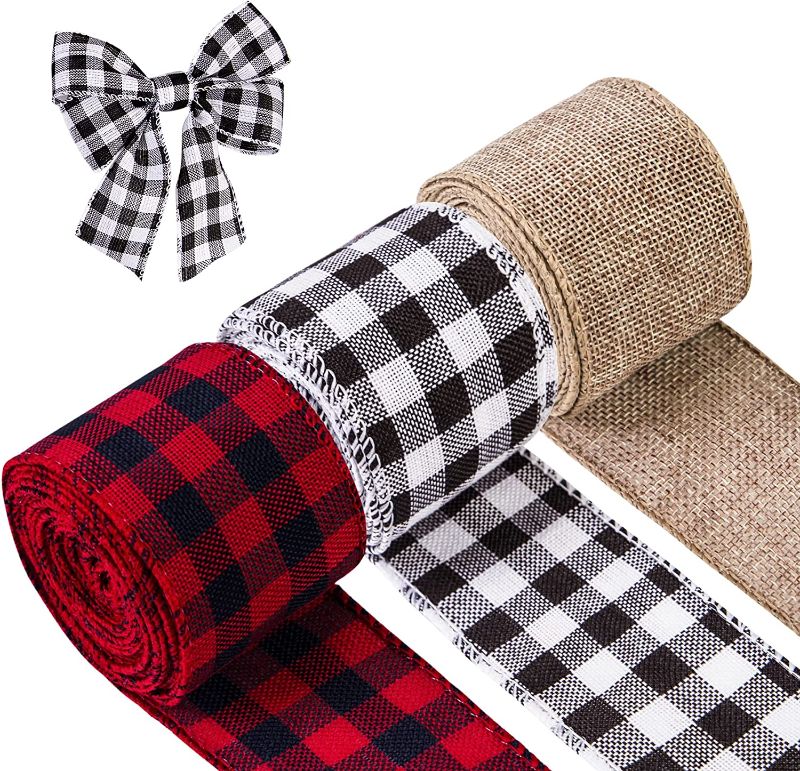 Photo 1 of 2pk-3 Rolls Christmas Ribbon Wired Edge Burlap Ribbon Buffalo Plaid Black and White Ribbon Fabric Black Red Plaid Ribbons for DIY Crafts Gift Wrapping Thanksgiving Christmas Tree Decorations (2" x 59 FT)
