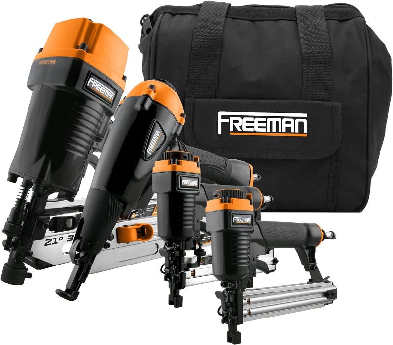 Photo 1 of Freeman P4FRFNCB Pneumatic Framing & Finishing Combo Kit with Canvas Bag (4-Piece) Nail Gun Set with Framing Nailer, Finish Nailer, Brad Nailer, and Narrow Crown Stapler
