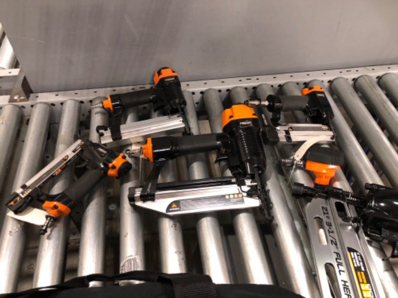 Photo 1 of Freeman P4FRFNCB Pneumatic Framing & Finishing Combo Kit with Canvas Bag (4-Piece) Nail Gun Set with Framing Nailer, Finish Nailer, Brad Nailer, and Narrow Crown Stapler
