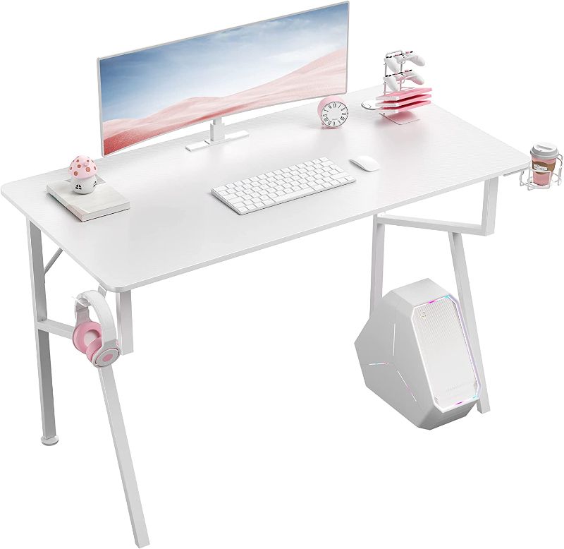 Photo 1 of EUREKA ERGONOMIC White Desk, 47 Inch Home Office K Shaped PC Gaming Computer Desk for Gamer Work Study Writing Table with Cable Management, Cup Holder, Headphone Hook, Mouse Pad, Easy to Assemble
