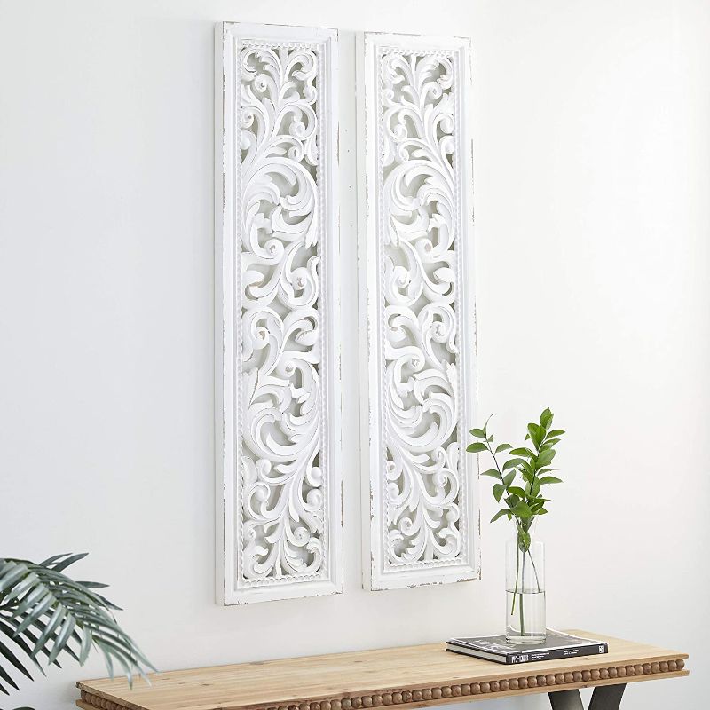 Photo 1 of Deco 79 Wood Carved Scroll Wall Decor, Set of 2 12"W, 50"H, White
