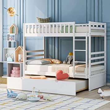 Photo 1 of  Twin Bunk Movable Trundle Bed, Safety Rail and Ladder, No Box Spring Needed, Twin-Over-Twin, White