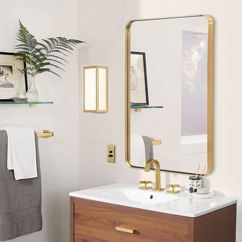 Photo 1 of ANDY STAR Gold Bathroom Mirror,22x30'' Brushed Brass Metal Frame Rounded Corner Wall Mirror,Rectangle Wall Mounted Mirror Glass Panel Hangs...
