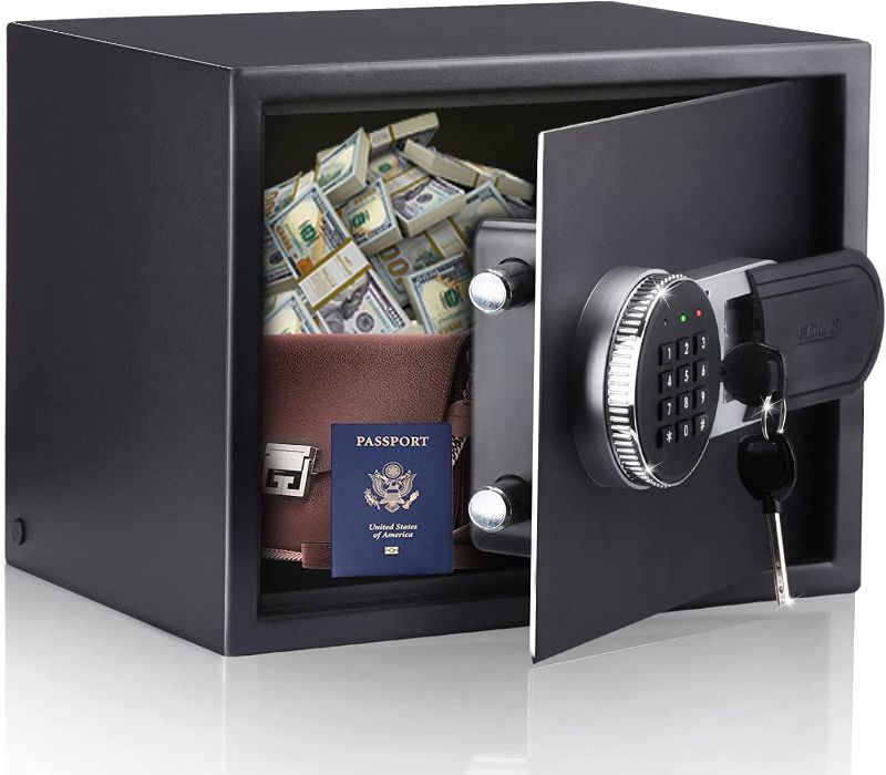 Photo 1 of SOULYI Safe Box, 0.5 Cubic Feet Small Safe with Digital Keypad Override Keys, Money Safe Mounted on Wall Floor of Home Office Hotel For Jewelry Document Cash Gun Storage
