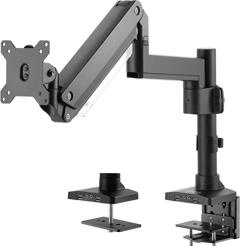 Photo 1 of VIVO Premium Aluminum Extended Monitor Arm for Ultrawide Monitors up to 49 inches and 33 lbs, USB Single Desk Mount Stand, Pneumatic Height Adjust, Max VESA 100x100, Black, STAND-V101GTU
