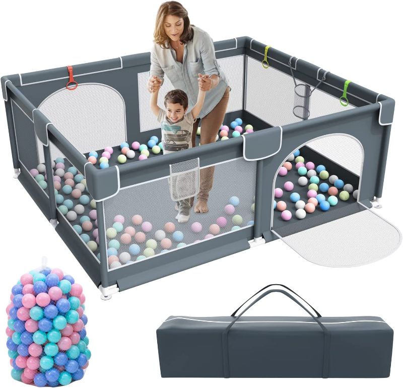 Photo 1 of Baby Playpen, 79 x 63 Inches Extra Large Playpen with 50 PCS Ocean Balls, Indoor & Outdoor Kids Activity Center, Infant Safety Gates with Breathable Mesh,Sturdy Play Yard for Babies and Toddlers
