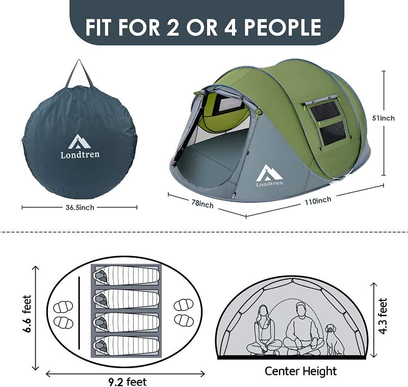 Photo 1 of 4 Person Easy Pop Up Tent Waterproof Automatic Setup Instant Family Tents for Camping Hiking & Traveling
