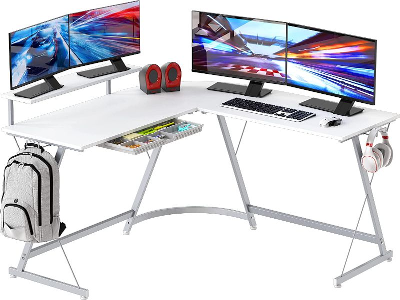 Photo 1 of SHW Vista L-Shape Desk with Monitor Stand, White
