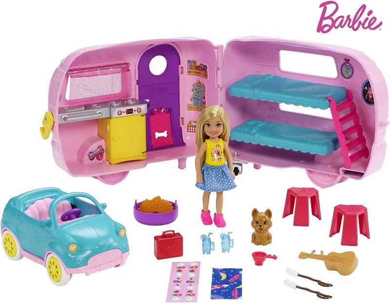 Photo 1 of ?Barbie Toys, Camper Playset with Chelsea Doll and Accessories Including Puppy, Car, Camper and More???
